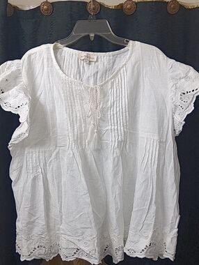 Women's White Cotton Eyelet Peasant Top